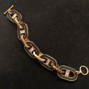 Ann Taylor Black Leather and Gold Link Bracelet